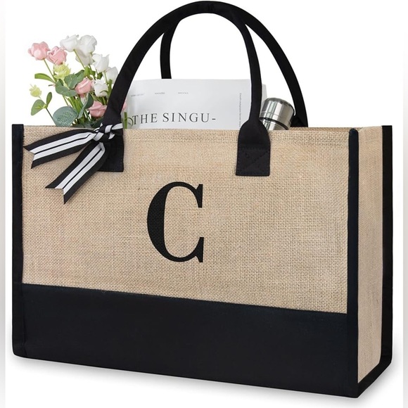 Handbags - Black & Tan Personalized Initial Jute/Canvas Tote Bag